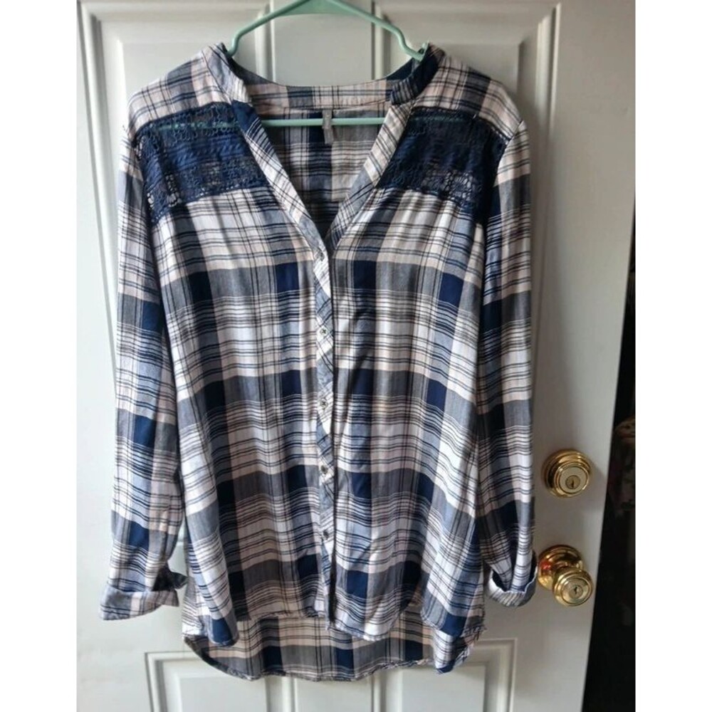 Navy and White Plaid Lace-Yoke Button Down Shirt